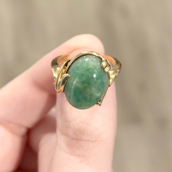14K Large Aventurine Jade natural sparkling medium green vintage solid gold ring - Picture 4 of 11